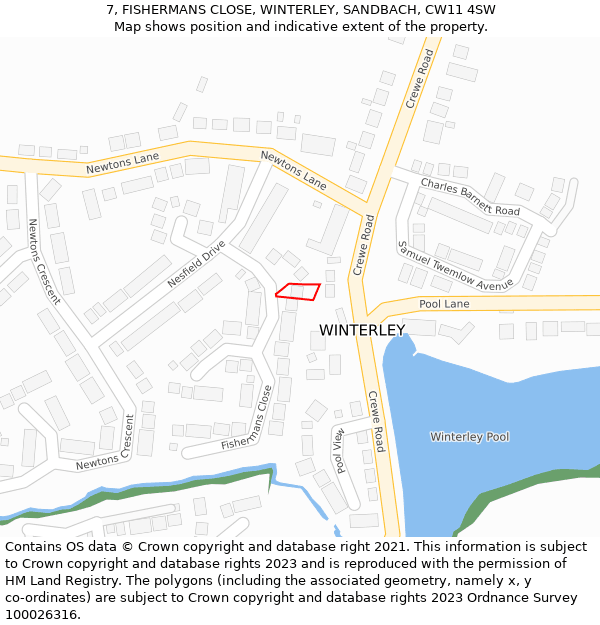 7, FISHERMANS CLOSE, WINTERLEY, SANDBACH, CW11 4SW: Location map and indicative extent of plot