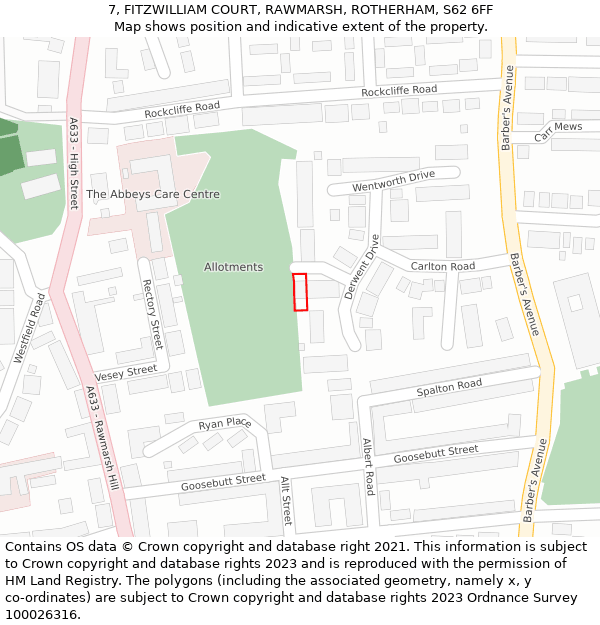 7, FITZWILLIAM COURT, RAWMARSH, ROTHERHAM, S62 6FF: Location map and indicative extent of plot