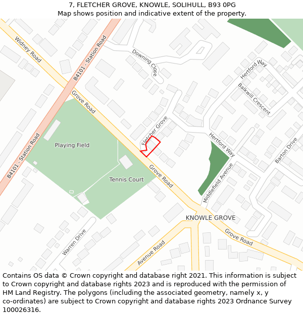 7, FLETCHER GROVE, KNOWLE, SOLIHULL, B93 0PG: Location map and indicative extent of plot