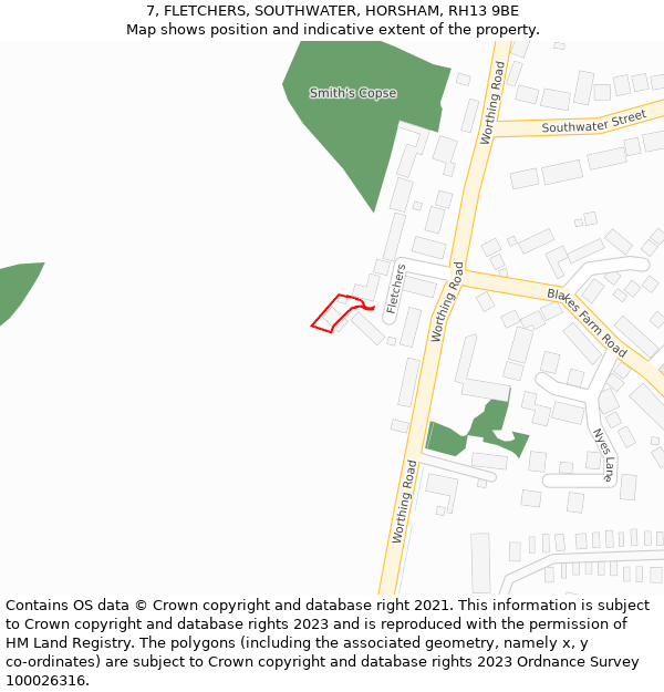 7, FLETCHERS, SOUTHWATER, HORSHAM, RH13 9BE: Location map and indicative extent of plot