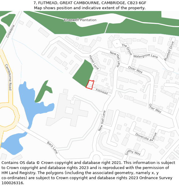 7, FLITMEAD, GREAT CAMBOURNE, CAMBRIDGE, CB23 6GF: Location map and indicative extent of plot