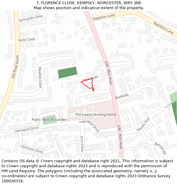 7, FLORENCE CLOSE, KEMPSEY, WORCESTER, WR5 3NE: Location map and indicative extent of plot