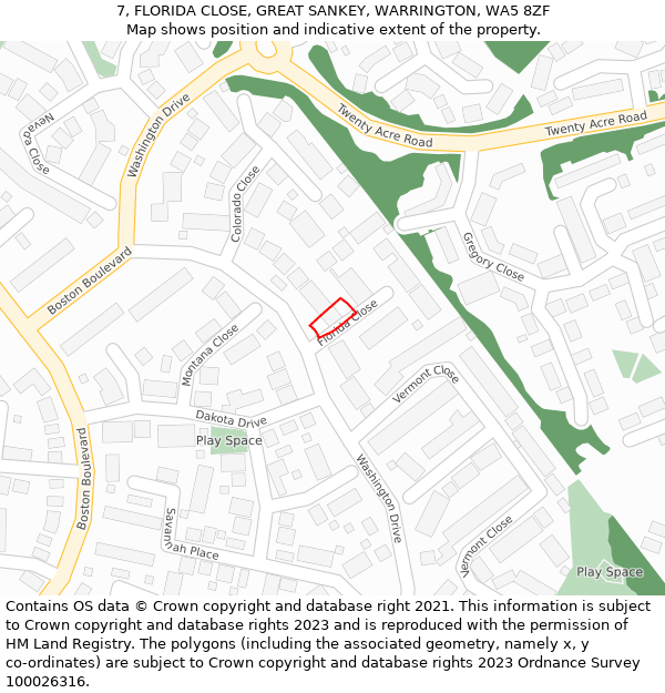 7, FLORIDA CLOSE, GREAT SANKEY, WARRINGTON, WA5 8ZF: Location map and indicative extent of plot