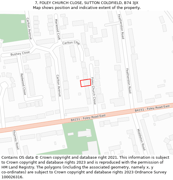 7, FOLEY CHURCH CLOSE, SUTTON COLDFIELD, B74 3JX: Location map and indicative extent of plot