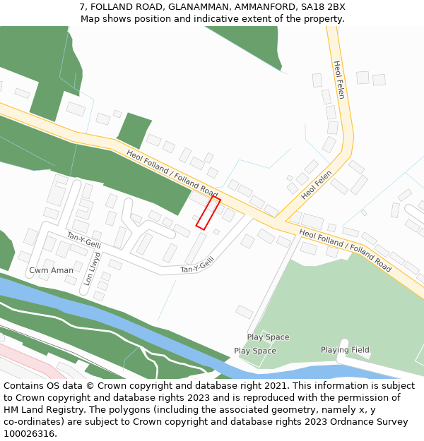7, FOLLAND ROAD, GLANAMMAN, AMMANFORD, SA18 2BX: Location map and indicative extent of plot
