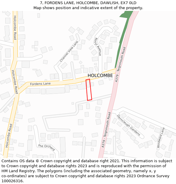 7, FORDENS LANE, HOLCOMBE, DAWLISH, EX7 0LD: Location map and indicative extent of plot