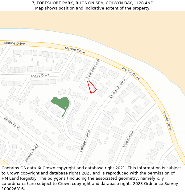 7, FORESHORE PARK, RHOS ON SEA, COLWYN BAY, LL28 4ND: Location map and indicative extent of plot