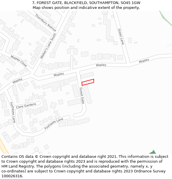 7, FOREST GATE, BLACKFIELD, SOUTHAMPTON, SO45 1GW: Location map and indicative extent of plot