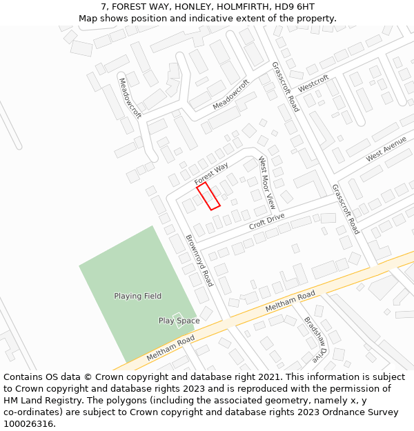 7, FOREST WAY, HONLEY, HOLMFIRTH, HD9 6HT: Location map and indicative extent of plot