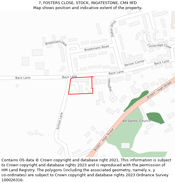 7, FOSTERS CLOSE, STOCK, INGATESTONE, CM4 9FD: Location map and indicative extent of plot