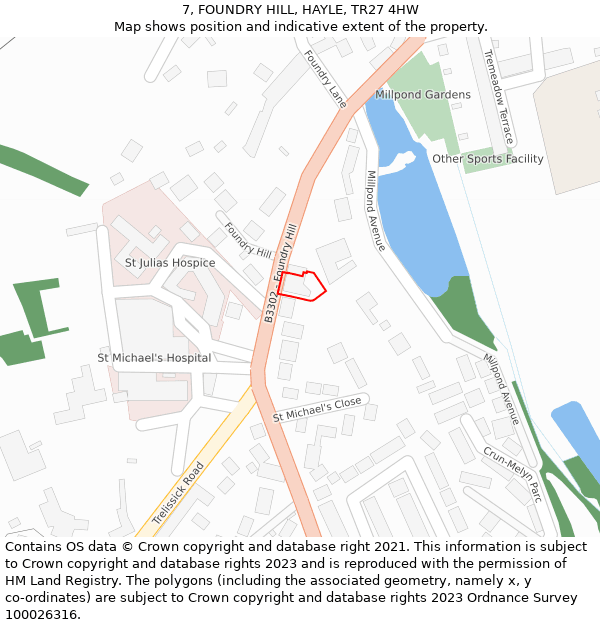 7, FOUNDRY HILL, HAYLE, TR27 4HW: Location map and indicative extent of plot