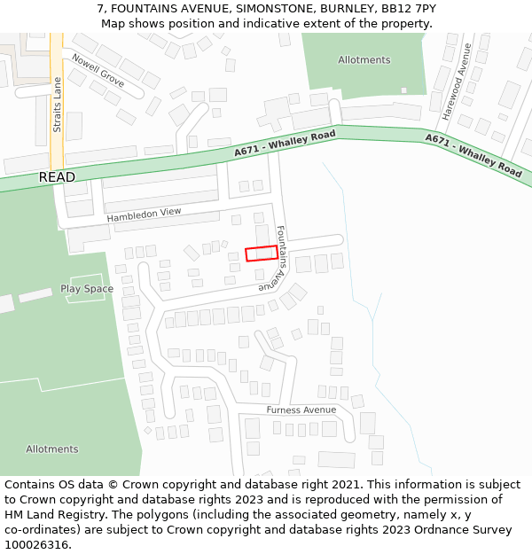 7, FOUNTAINS AVENUE, SIMONSTONE, BURNLEY, BB12 7PY: Location map and indicative extent of plot