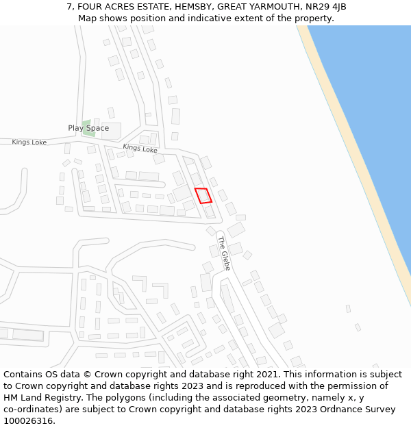 7, FOUR ACRES ESTATE, HEMSBY, GREAT YARMOUTH, NR29 4JB: Location map and indicative extent of plot