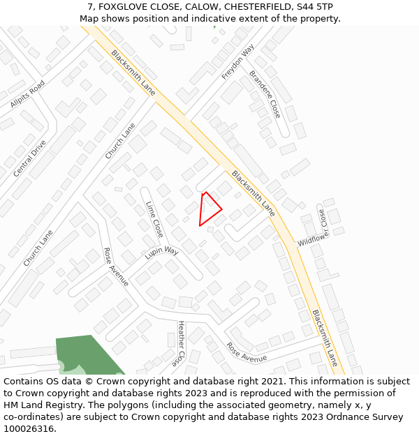 7, FOXGLOVE CLOSE, CALOW, CHESTERFIELD, S44 5TP: Location map and indicative extent of plot