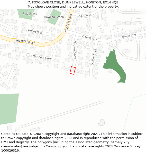 7, FOXGLOVE CLOSE, DUNKESWELL, HONITON, EX14 4QE: Location map and indicative extent of plot