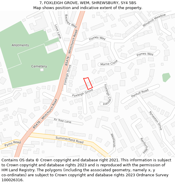 7, FOXLEIGH GROVE, WEM, SHREWSBURY, SY4 5BS: Location map and indicative extent of plot