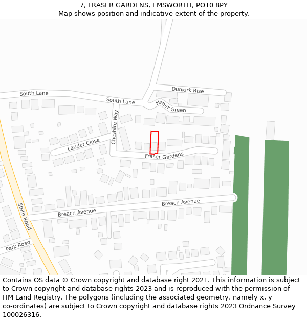 7, FRASER GARDENS, EMSWORTH, PO10 8PY: Location map and indicative extent of plot