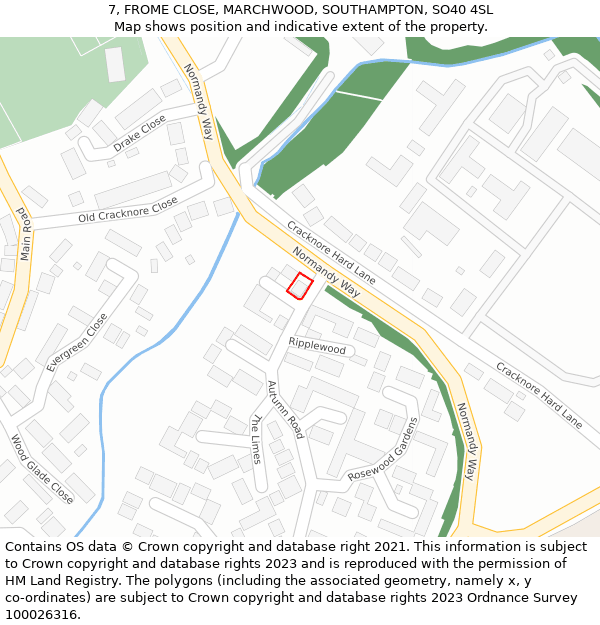 7, FROME CLOSE, MARCHWOOD, SOUTHAMPTON, SO40 4SL: Location map and indicative extent of plot