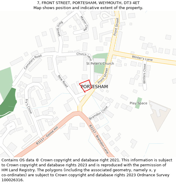 7, FRONT STREET, PORTESHAM, WEYMOUTH, DT3 4ET: Location map and indicative extent of plot