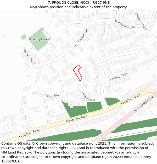 7, FROUDS CLOSE, HOOK, RG27 9NE: Location map and indicative extent of plot