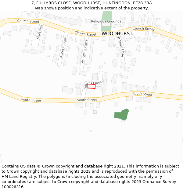 7, FULLARDS CLOSE, WOODHURST, HUNTINGDON, PE28 3BA: Location map and indicative extent of plot