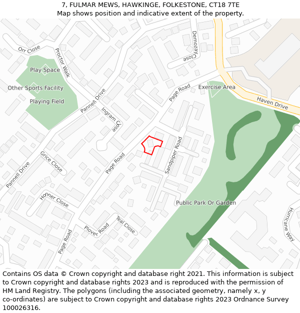 7, FULMAR MEWS, HAWKINGE, FOLKESTONE, CT18 7TE: Location map and indicative extent of plot