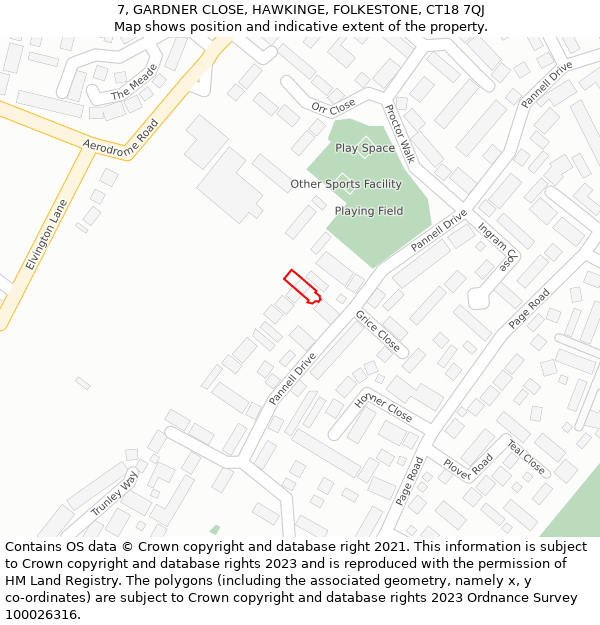 7, GARDNER CLOSE, HAWKINGE, FOLKESTONE, CT18 7QJ: Location map and indicative extent of plot