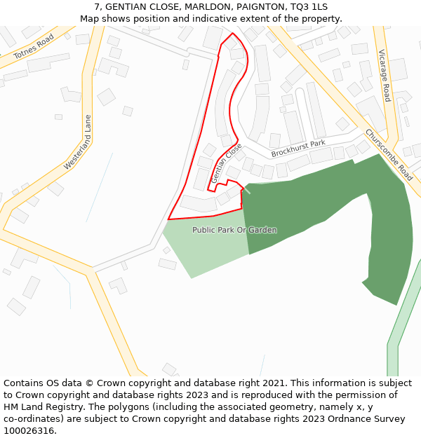 7, GENTIAN CLOSE, MARLDON, PAIGNTON, TQ3 1LS: Location map and indicative extent of plot