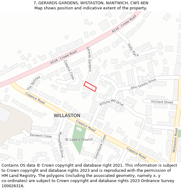 7, GERARDS GARDENS, WISTASTON, NANTWICH, CW5 6EN: Location map and indicative extent of plot