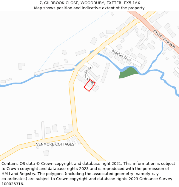 7, GILBROOK CLOSE, WOODBURY, EXETER, EX5 1AX: Location map and indicative extent of plot