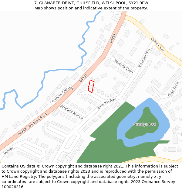 7, GLANABER DRIVE, GUILSFIELD, WELSHPOOL, SY21 9PW: Location map and indicative extent of plot