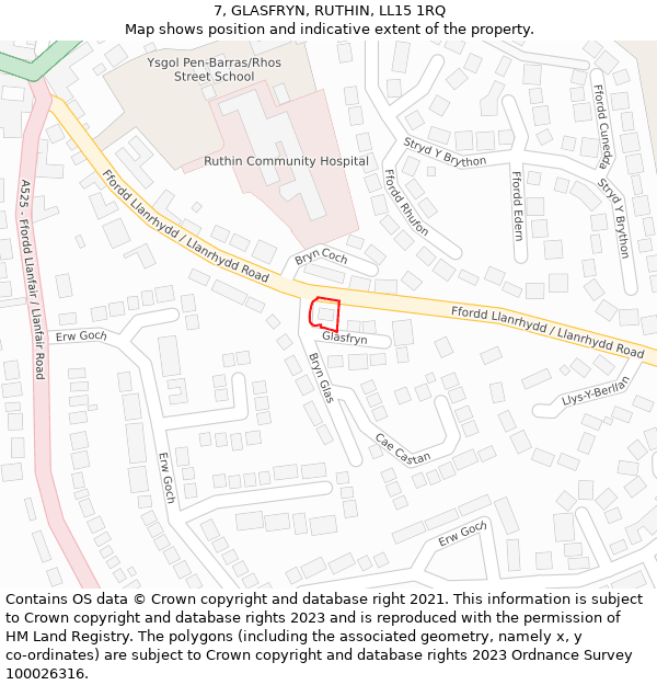 7, GLASFRYN, RUTHIN, LL15 1RQ: Location map and indicative extent of plot