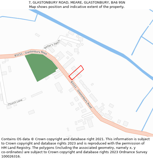 7, GLASTONBURY ROAD, MEARE, GLASTONBURY, BA6 9SN: Location map and indicative extent of plot