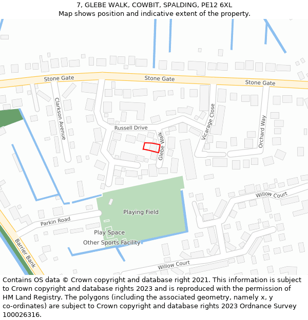 7, GLEBE WALK, COWBIT, SPALDING, PE12 6XL: Location map and indicative extent of plot