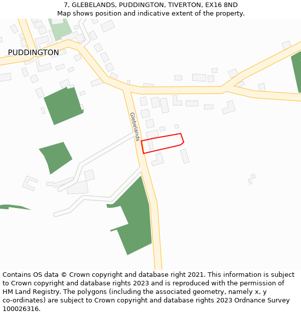 7, GLEBELANDS, PUDDINGTON, TIVERTON, EX16 8ND: Location map and indicative extent of plot