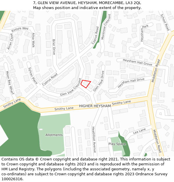 7, GLEN VIEW AVENUE, HEYSHAM, MORECAMBE, LA3 2QL: Location map and indicative extent of plot