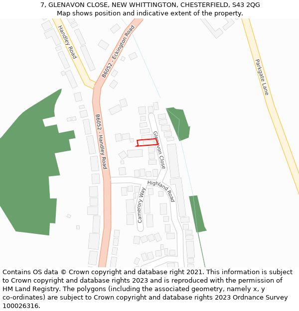 7, GLENAVON CLOSE, NEW WHITTINGTON, CHESTERFIELD, S43 2QG: Location map and indicative extent of plot