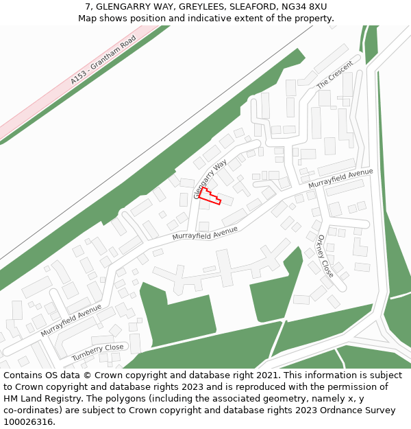 7, GLENGARRY WAY, GREYLEES, SLEAFORD, NG34 8XU: Location map and indicative extent of plot