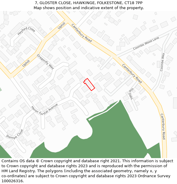 7, GLOSTER CLOSE, HAWKINGE, FOLKESTONE, CT18 7PP: Location map and indicative extent of plot