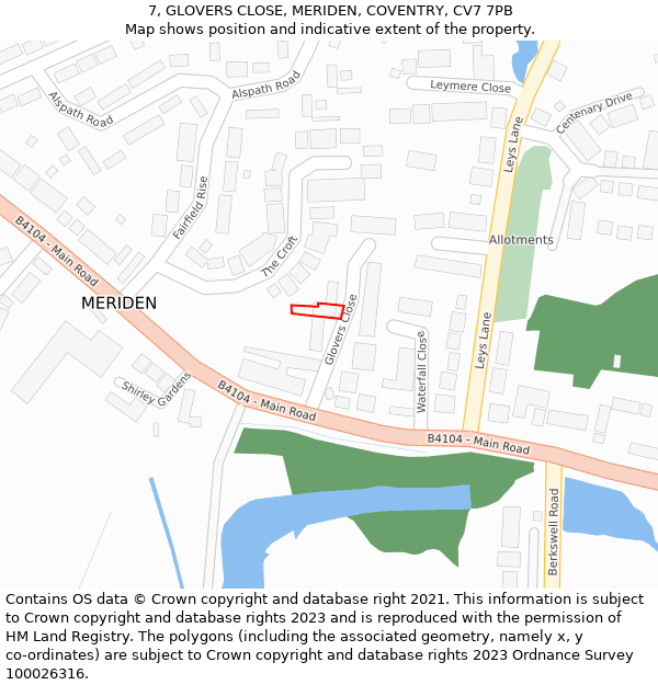 7, GLOVERS CLOSE, MERIDEN, COVENTRY, CV7 7PB: Location map and indicative extent of plot