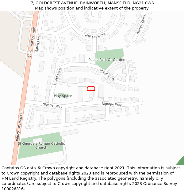 7, GOLDCREST AVENUE, RAINWORTH, MANSFIELD, NG21 0WS: Location map and indicative extent of plot