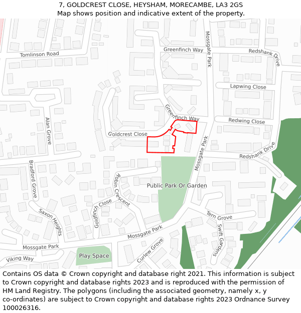 7, GOLDCREST CLOSE, HEYSHAM, MORECAMBE, LA3 2GS: Location map and indicative extent of plot