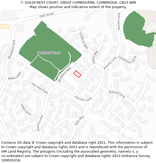 7, GOLDCREST COURT, GREAT CAMBOURNE, CAMBRIDGE, CB23 6BB: Location map and indicative extent of plot