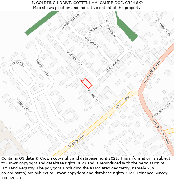 7, GOLDFINCH DRIVE, COTTENHAM, CAMBRIDGE, CB24 8XY: Location map and indicative extent of plot