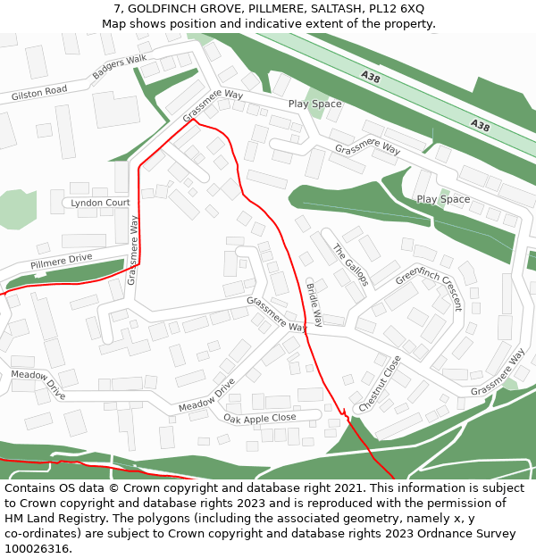 7, GOLDFINCH GROVE, PILLMERE, SALTASH, PL12 6XQ: Location map and indicative extent of plot