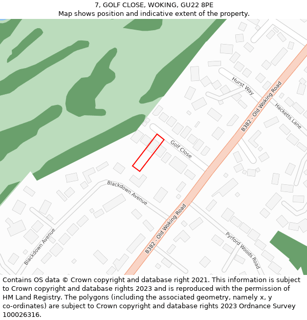 7, GOLF CLOSE, WOKING, GU22 8PE: Location map and indicative extent of plot