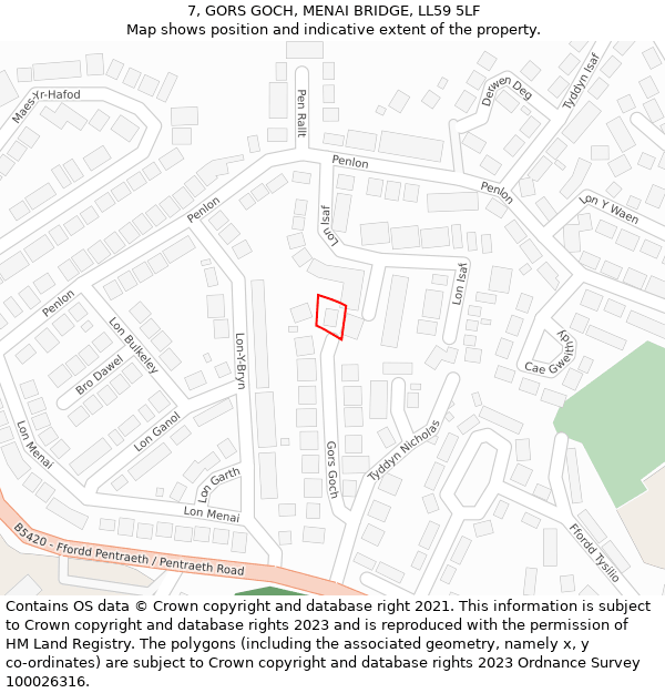 7, GORS GOCH, MENAI BRIDGE, LL59 5LF: Location map and indicative extent of plot