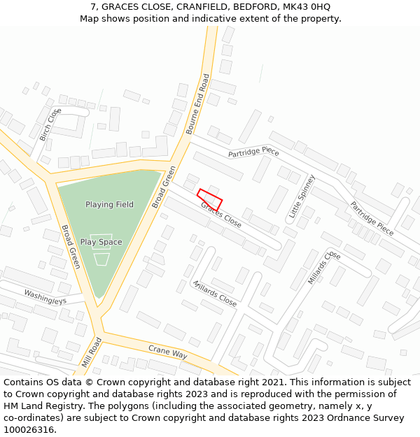 7, GRACES CLOSE, CRANFIELD, BEDFORD, MK43 0HQ: Location map and indicative extent of plot