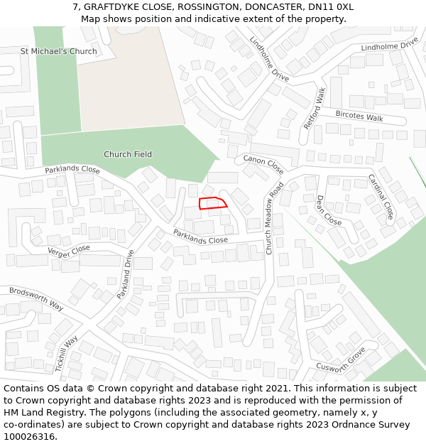 7, GRAFTDYKE CLOSE, ROSSINGTON, DONCASTER, DN11 0XL: Location map and indicative extent of plot