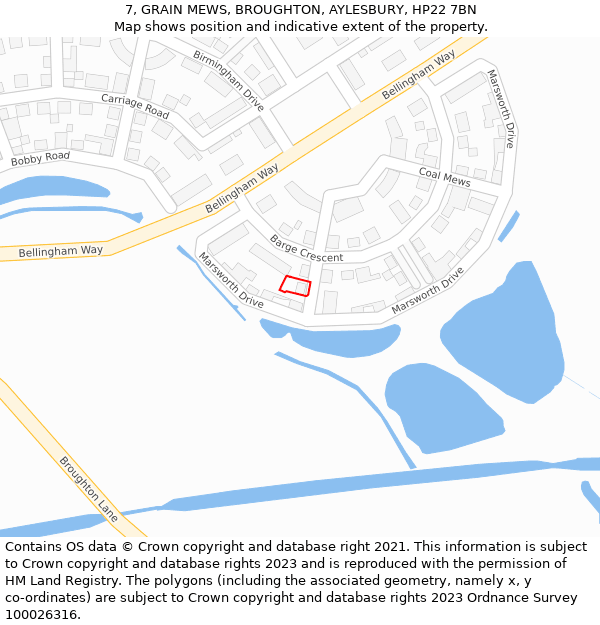 7, GRAIN MEWS, BROUGHTON, AYLESBURY, HP22 7BN: Location map and indicative extent of plot